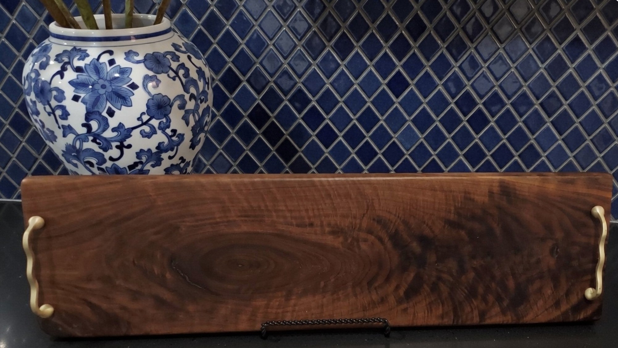 Burled Black Walnut Charcuterie Board - Classic Gold Handles